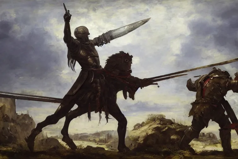 Prompt: landscape, realistic painting image about a templar knight has a mechanical arm, carrying a fire sword, versus a zombie mutant. dramatic scene, realism, created by gustave courbet and michaelangelo, trending in artstation, fine art, smooth draw with oil painting.