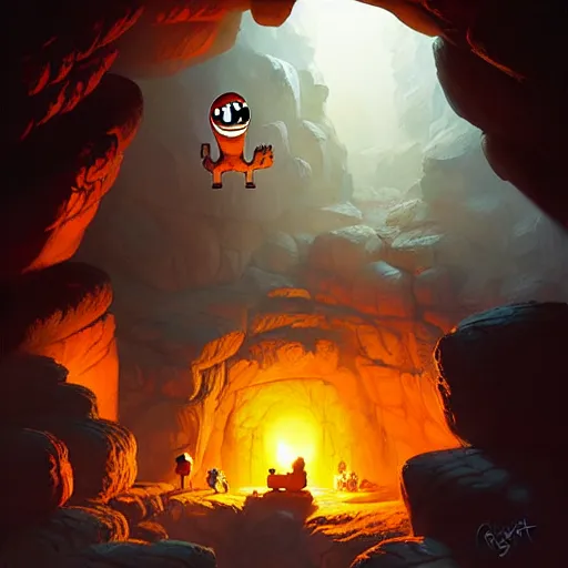 Image similar to happy pepe the miner in the cave, greg rutkowski