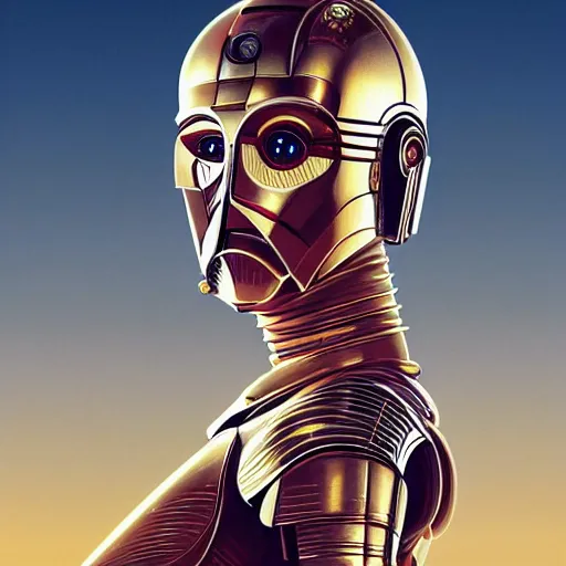 Prompt: portrait of Miley Cyrus as C3PO Star Wars droid, looking at camera, intricate, dystopian, sci-fi, extremely detailed, octane render, digital painting, concept art, smooth, sharp focus, illustration, incredible art by artgerm and greg rutkowski and alphonse mucha and simon stalenhag