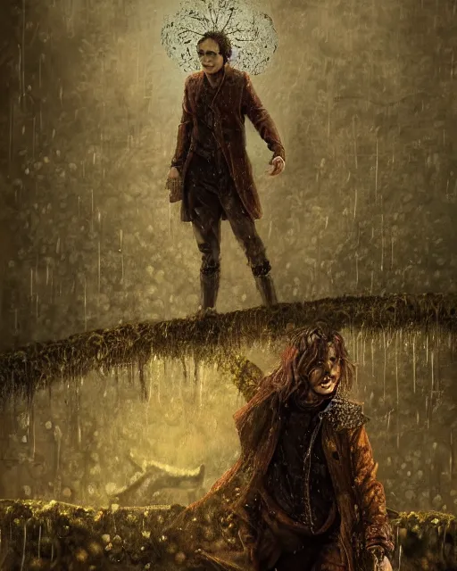 Image similar to Frank Dillane as Puck, intricate, digital painting, old english, raining, sepia, particles floating, whimsical background by marc simonetti, artwork by liam wong