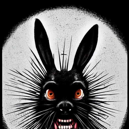 Image similar to A extremely highly detailed majestic hi-res beautiful, highly detailed head and shoulders portrait of a scary terrifying, horrifying, creepy maniacal crazy black cartoon rabbit with scary big eyes, earing a shirt laughing maniacally , let's be friends, in the style of a Walt Disney cartoon