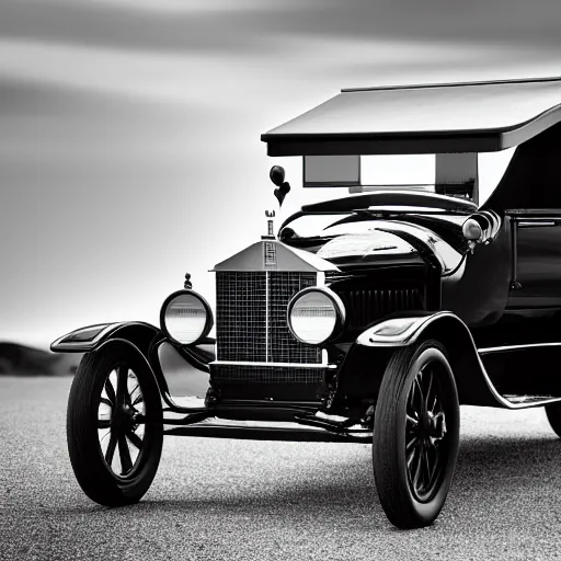 Image similar to Model T Ford with 24 inch rolls royce phantom wheels, (Sony a7R IV, symmetric balance, polarizing filter, Photolab, Lightroom, 4K, Dolby Vision, Photography Award, black and white)