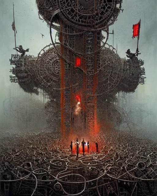 Image similar to rage against the machine band made out of machine parts, concept art, intricate details, highly detailed by greg rutkowski, michael whelan and gustave dore