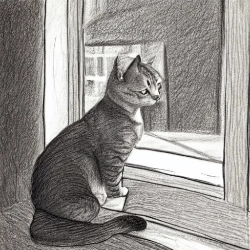 Image similar to a tabby cat named clarence laying on a table looking out the window, it is a sunny day, in the style of a hand drawn pencil sketch