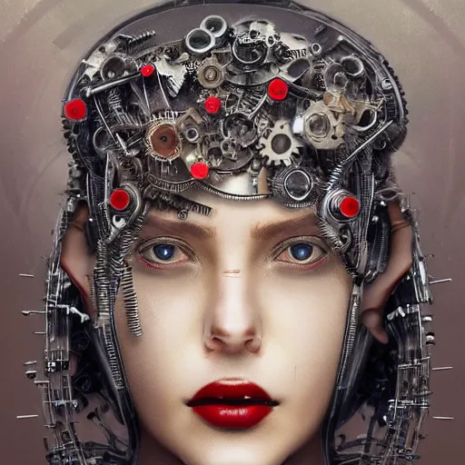 Image similar to A professional portrait of a young cyborg woman made of metal parts, gears, wires as hair, red eyes, lipstick, narrow waist, symmetrical face features, elegant, finely detailed, concept art, in style of Greg Rutkowski,