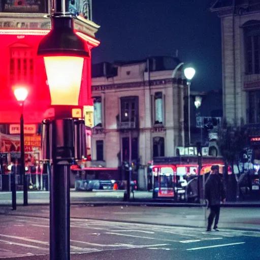 Prompt: Man drinking alcohol on a traffic light in the square city square, red light, atmospheric, 35mm movie, photo real, cinematic,