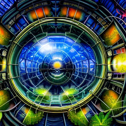 Image similar to a cinematic view of the inside of a fractal combustion engine, large indoor greenhouse with exotic plants, retrofuturism, scifi art, oil on canvas, biodome, stars in the sky above, details, hyper - detailed, hd, hdr, 4 k, 8 k