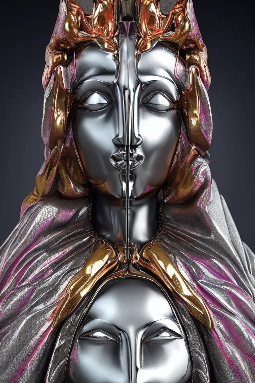 Prompt: chrome carved statue of nordic goddess symmetrical three faced in one body, metallic polished sculpture, dressed with a colorful wrapped cotton cloak, made by antonio corradini, and dug stanat macabre art, dark surrealism, epic and cinematic view, volummetric light, texturized, detailed, 8 k