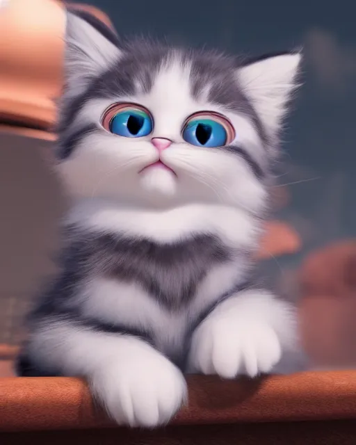 Prompt: cute fluffy kitten with very big eyes, pixar character, octane render, very detailed