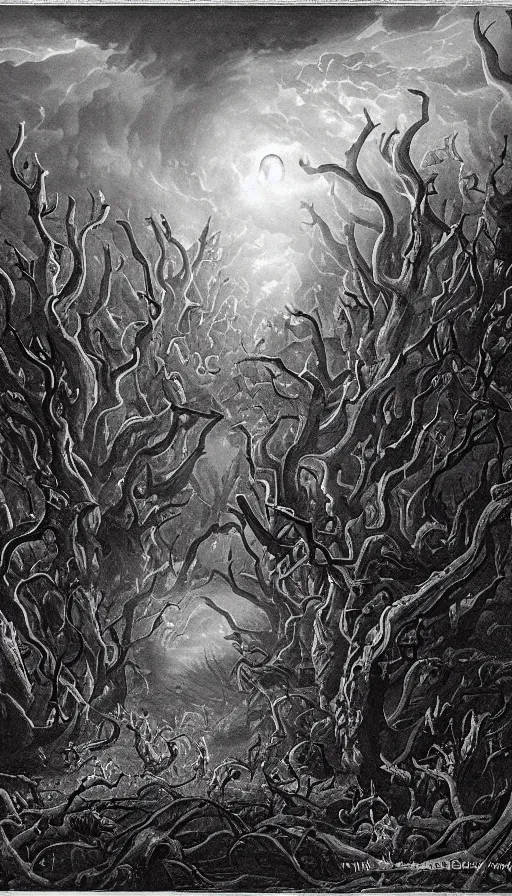 Image similar to a storm vortex made of many demonic eyes and teeth over a forest, by andre francois