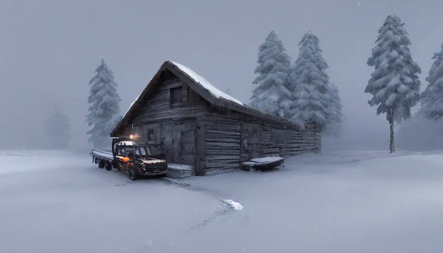 Image similar to A Snowplow clearing a beautiful snowy landscape with a small hut in the background. A blizzard and heavy snow falls. Fog and mist, highly detailed, concept art, digital art, 4k