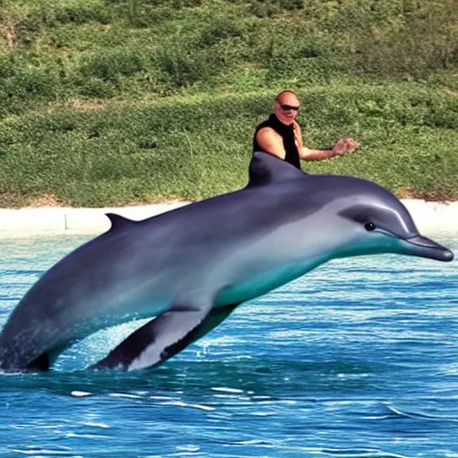 Image similar to “Dr. Evil riding on the back of a dolphin”