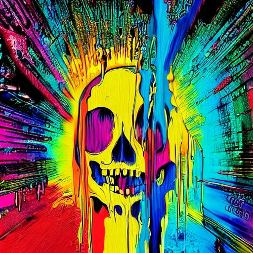 Image similar to drippy, dripping paint, skull, psychedelic, glitch, miyazaki style, exaggerated accents