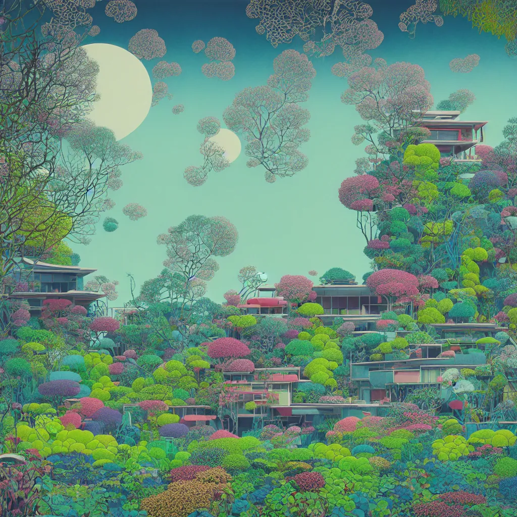 Prompt: garden villa by kenzo tange, white sea cloud, summer morning, very coherent and colorful high contrast, art by! gediminas pranckevicius! geof darrow, pastel color, volumetric lighting, cinematic, floralpunk screen printing woodblock, dark shadows, hard lighting, stippling art