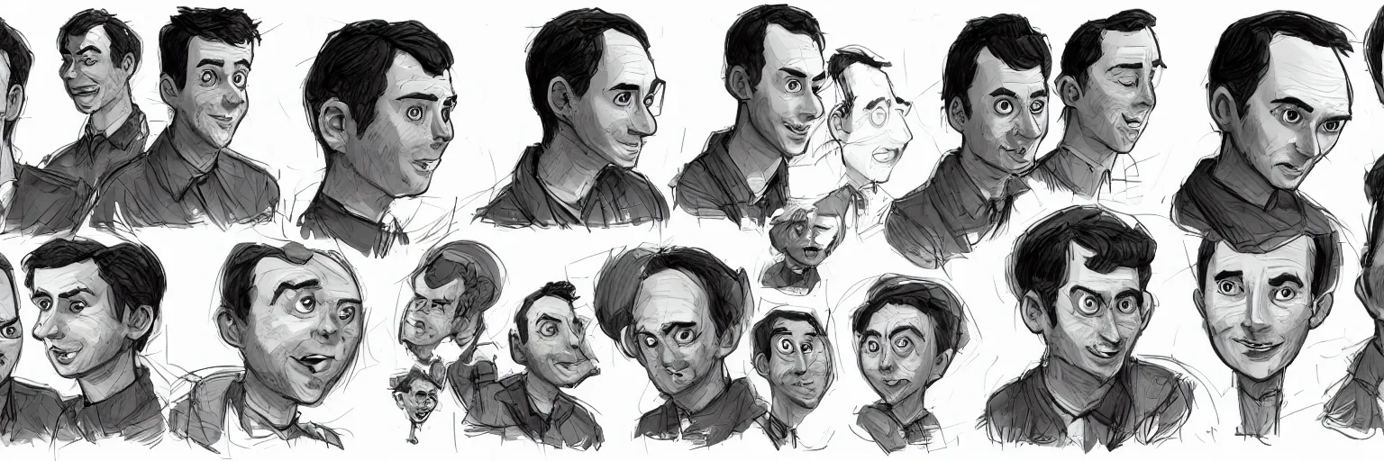 Image similar to character study of julian lage and jim parsons, clear faces, innocent, naive, character sheet, fine details, concept design, contrast, kim jung gi, pixar and da vinci, trending on artstation, 8 k, full body and head, turnaround, front view, back view, ultra wide angle