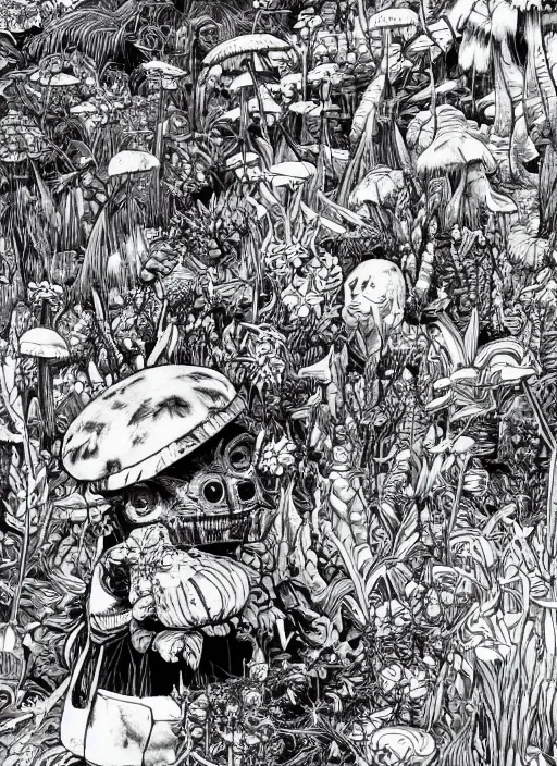 Prompt: surreal line art by kim jung gi!, a lot of jungle flowers and plants + poison toxic mushrooms + long grass + broken droid + garden dwarf + mystic fog, 5 0's vintage sci - fi style, rule of third!!!!, line art, 8 k, ultrafine hyperdetailed, high quality, isometric view