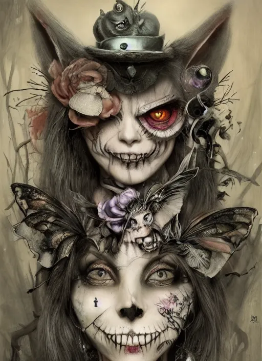 Prompt: Alice attends Mad Tea Party, Cheshire Cat, Mad hatter,highly detailed,half skull face,cinematic,8k,by Stanley Artgermm,Tom Bagshaw,Greg Rutkowski,Carne Griffiths, Ayami Kojima, Beksinski, Giger,trending on DeviantArt,hyper detailed,horror, full of colour