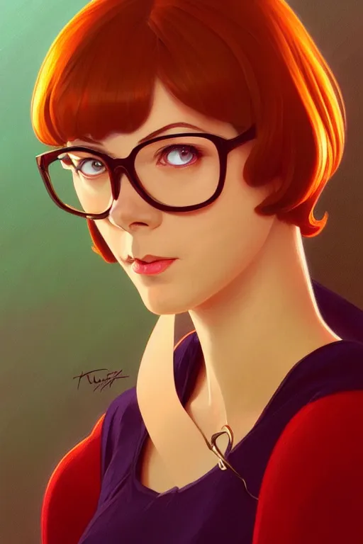 Prompt: a portrait of velma ( scooby - doo ), fantasy, sharp focus, intricate, elegant, digital painting, artstation, matte, highly detailed, concept art, illustration, ambient lighting, art by ilya kuvshinov, artgerm, alphonse mucha, and greg rutkowski