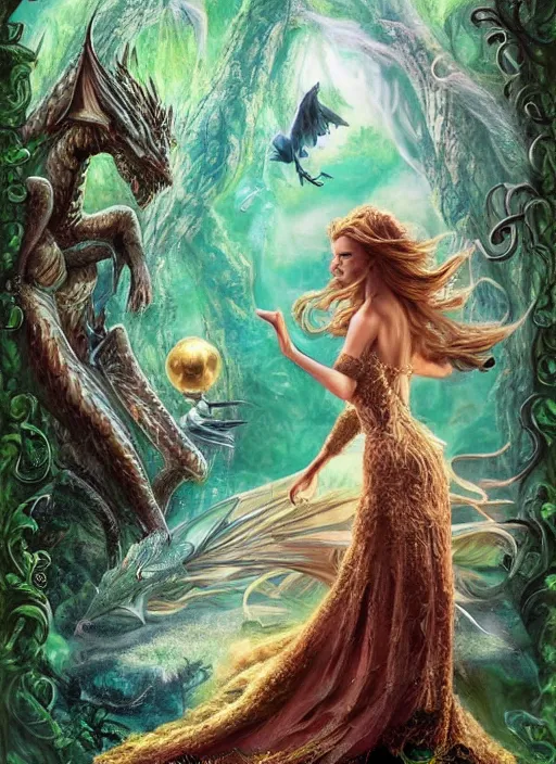 Prompt: movie poster, fantasy, kingdom in the woods, dragons, detailed profile of a beautiful woman, fairies, magical, enchanting, nostalgic, by john alvin,