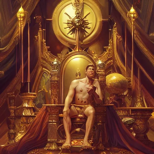 Image similar to A portrait of a king sitting on his throne, digital painting, artstation, concept art, donato giancola, Joseph Christian Leyendecker, WLOP, Boris Vallejo, Breathtaking, 8k resolution, extremely detailed, beautiful, establishing shot, artistic, hyperrealistic, beautiful face, octane render, cinematic lighting, dramatic lighting, masterpiece