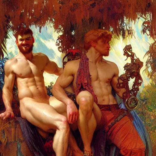 Prompt: attractive muscular mike with ginger hair with muscular attractive tyler with brunet hair, drinking their hearts out, in their noble mansion. highly detailed painting by gaston bussiere, craig mullins, j. c. leyendecker, alphonse mucha 8 k