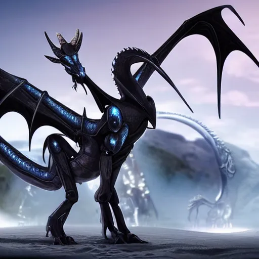 Prompt: close-up shot of a cute and beautiful well-proportioned anthropomorphic robot female dragon doing an elegant pose, has two eyes and two horns on a dragon head, a sleek yet elegant design of metal plating, with two big epic wings behind her, two arms with one hand on her hip, the background is of the beach at night; HD digital art, artstation, deviantart, furaffinity, high quality detail