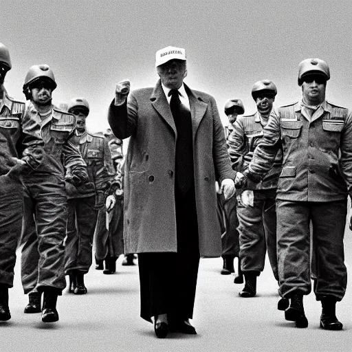 Prompt: 70s movie still of Donald Trump leading military troops, by Irving Penn , Cinestill 800t 35mm black and white, heavy grainy picture, very detailed, high quality, 4k, HD criterion, precise texture