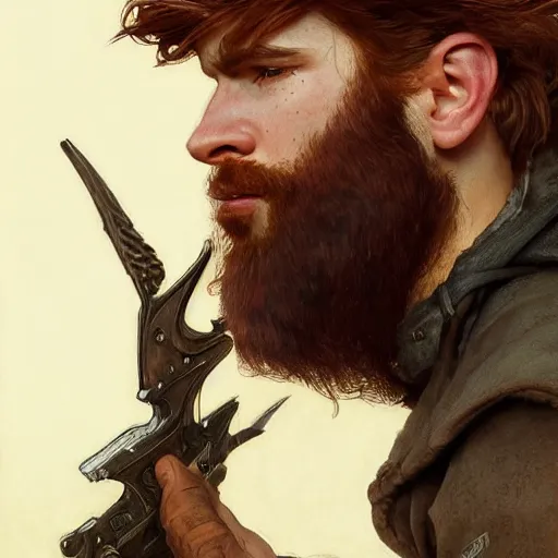 Prompt: portrait of a rugged ranger, 25 years old, beard, male, masculine, upper body, red hair, long hair, soft hair, D&D, fantasy, intricate, elegant, highly detailed, digital painting, artstation, concept art, matte, sharp focus, illustration, art by Artgerm and Greg Rutkowski and Alphonse Mucha