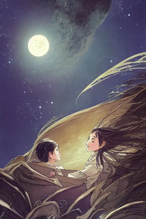 Image similar to a full moon containing the glimmering stairways to otherworldly galaxies, high intricate details, rule of thirds, golden ratio, cinematic light, anime style, graphic novel by fiona staples and dustin nguyen, by beaststars and orange, peter elson, alan bean, studio ghibli, makoto shinkai