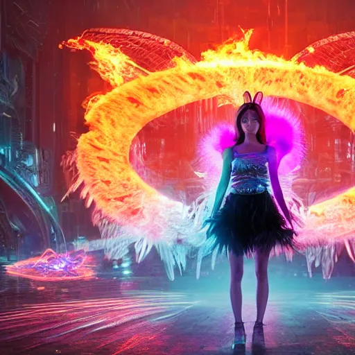 Prompt: a girl like yoona, in a glowing skirt with feathers, wearing cybernetic bunny ears, casting fire spell in shape of a butterfly, in the middle of round ruins, background cyberpunk spaceship, full shot, photo, geometries, Fibonacci, volumetric lighting, epic composition, intricate details, dark neon punk, by denis villeneuve , Greg Rutkowski and Alphonse Mucha