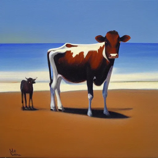 Image similar to a cow on a venician white sand beach, Oil on blue canvas