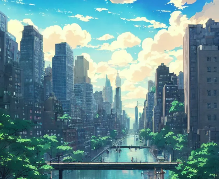 Image similar to New York city, peaceful and serene, incredible perspective, soft lighting, anime scenery by Makoto Shinkai and studio ghibli, very detailed