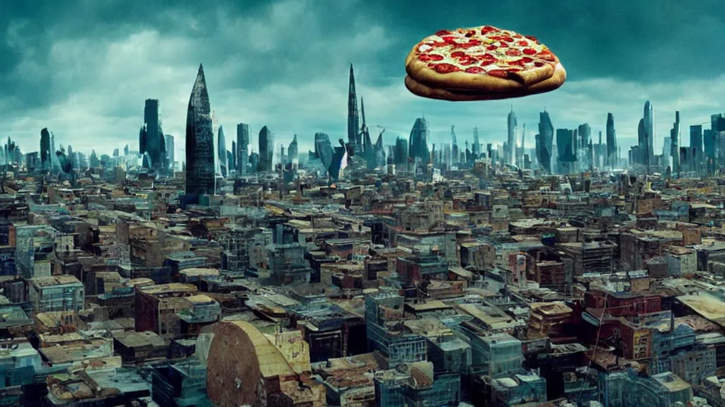 Image similar to the giant pizza floats the city, film still from the movie directed by denis villeneuve and david cronenberg with art direction by salvador dali and dr. seuss