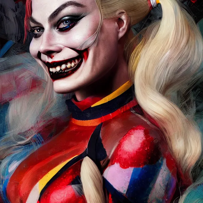 Image similar to portrait of Margot Robbie as a harley quinn. intricate abstract. intricate artwork. by Tooth Wu, wlop, beeple, dan mumford. octane render, trending on artstation, greg rutkowski very coherent symmetrical artwork. cinematic, hyper realism, high detail, octane render, 8k, iridescent accents