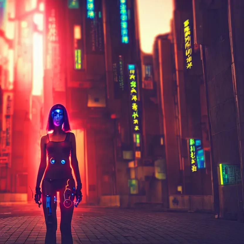 Image similar to a photo close up cyberpunk cyborg girl stands in a cyberpunk hiroshima, prefecture streets, sunset, photorealistic, cinematic lighting, very detailed, style by tomino - sama