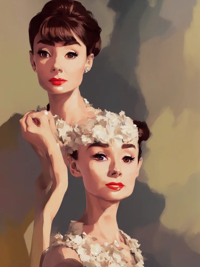 Image similar to a portrait of Audrey Hepburn, glamorous setting, vivid colors, soft lighting, atmospheric, cinematic, moody, in the style of Ilya Kuvshinov and Range Murata, Krenz Cushart, oil on canvas, 8k