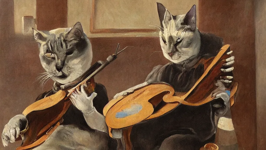 Prompt: Painting of a half man half cat creature playing the hurdy gurdy in a grand hall, hyperrealistic