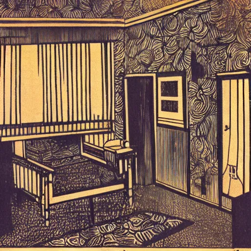 Prompt: a liminal hotel room, colored woodcut, poster art, by Mackintosh, art noveau, by Ernst Haeckel