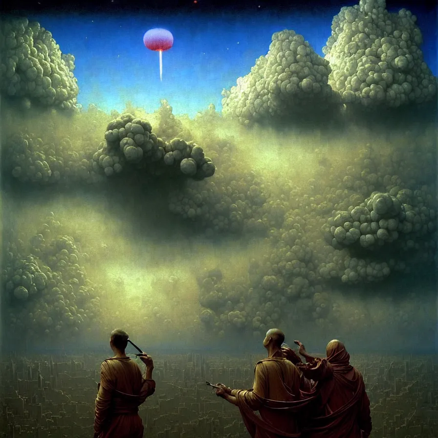 Image similar to a hyperrealistic painting of a piece of art. highly detailed, vivid color cinematic sci fi clouds and stars. smoke. futurism. fantasy. by beksinski carl spitzweg. baroque elements. baroque element. intricate artwork by caravaggio. oil painting. oil on canvas. award winning. dramatic. trending on artstation. 8 k by chris cunningham and richard corben