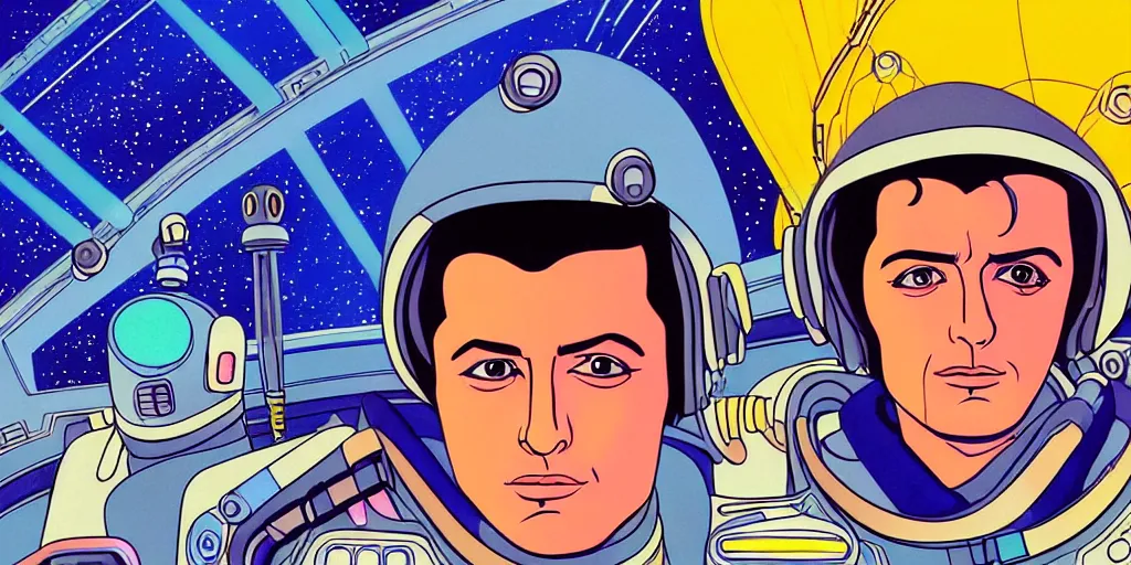 Prompt: traditional drawn colorful animation a symmetrical portrait of Alain Delon Stallone pilot in posing in spaceship station planet captain bridge, сomet tail, outer worlds, robots, extraterrestrial hyper contrast well drawn in Jean Henri Gaston Giraud animation film The Masters of Time FANTASTIC PLANET La planète sauvage animation by René Laloux