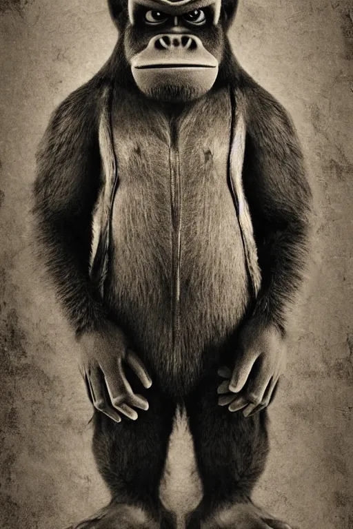 Image similar to donkey kong, portrait, full body, symmetrical features, silver iodide, 1 8 8 0 photograph, sepia tone, aged paper, sergio leone, master prime lenses, cinematic