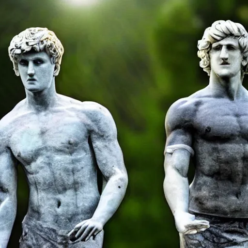 Prompt: a realistic detailed photo of youtubers jake paul & logan paul as a marble statue, blank stare
