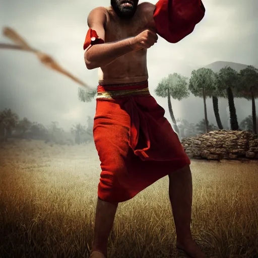 Image similar to photographic portrait of angered Mediterranean skinned man in ancient Canaanite clothing fighting a Mediterranean skinned in ancient clothing, farm field background, sharp detail, hyper realistic, foggy atmosphere, intense facial expression, octane render