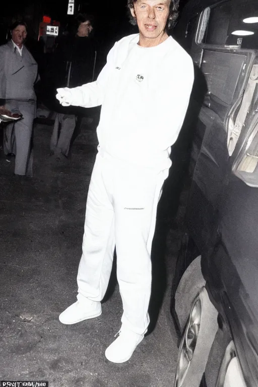 Image similar to Tony Blair with a mullet hair style, dressed in white 1980s tracksuit and trainers, standing outside a nightclub