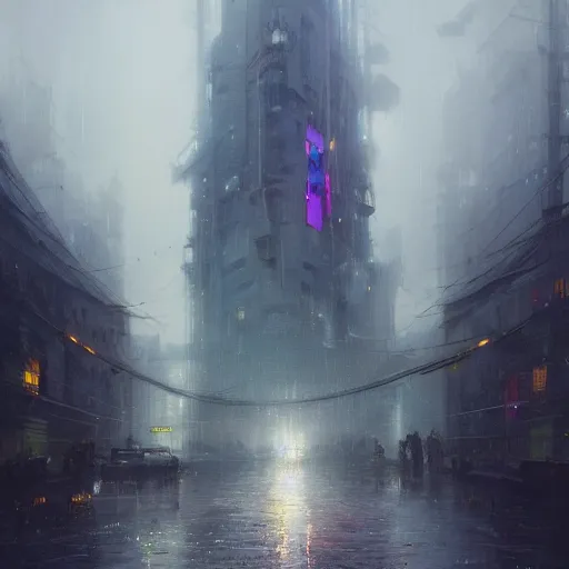 Image similar to epic portrait an cyberpunk city full of puddles and water, cloudy, rain, glowing, huge, broad light, ambient occlusion, volumetric light effect, made by ivan aivazovsky, peter mohrbacher, greg rutkowski, matte painting, trending on artstation, 4 k, perfectly defined features, digital painting,