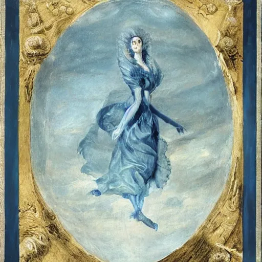 Image similar to Marie Antoinette levitating over the sea. El Greco, Remedios Varo, Salvador Dali, Carl Gustav Carus, John Atkinson Grimshaw. Blue tint. Symetrical, logo, geometric shapes.