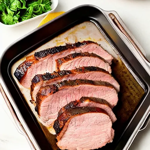 Image similar to juicy pork loin, delicious, cookbook photo, quality presentation