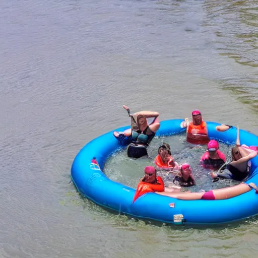 Image similar to a group of 4 people on 4 separate inner tubes floating on a river eating copious amounts of food