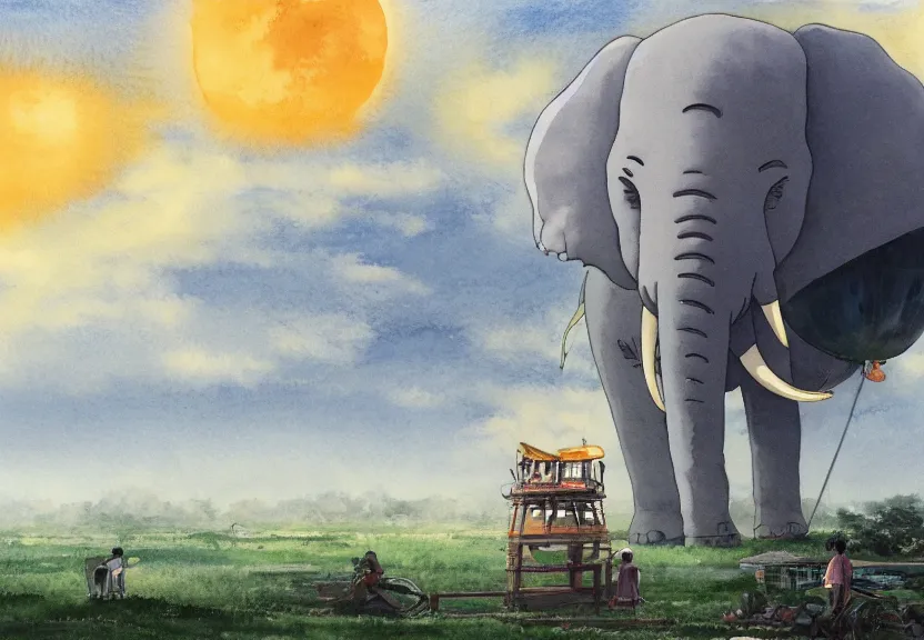 Prompt: a hyperrealist watercolor concept art from a studio ghibli film showing a giant grey blimp in the shape of an elephant. a hindu temple is under construction in the background in india on a misty and starry night. by studio ghibli. very dull muted colors