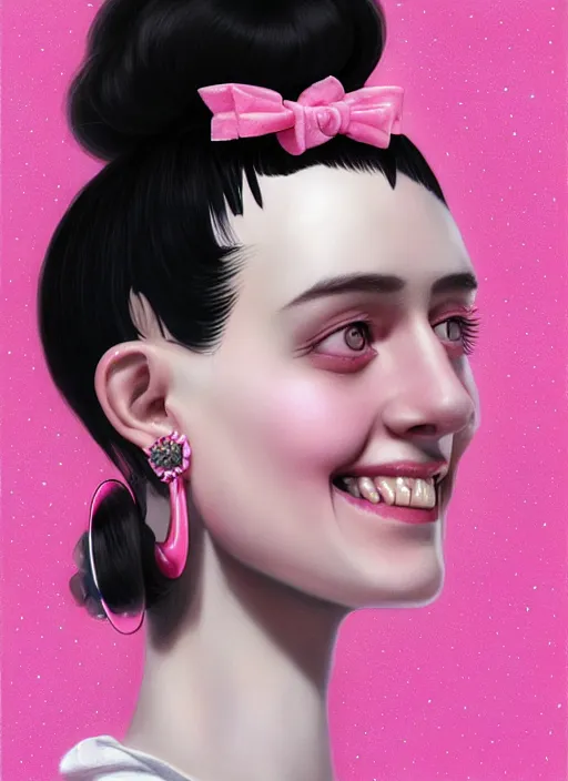 Image similar to portrait of high school girl, realistic, black hair, bangs, half updo hairstyle, pointy nose, skinny, smile, ugly, defined jawline, big chin, pink hair bow, earrings, intricate, elegant, glowing lights, highly detailed, digital painting, artstation, sharp focus, illustration, art by wlop, mars ravelo and greg rutkowski